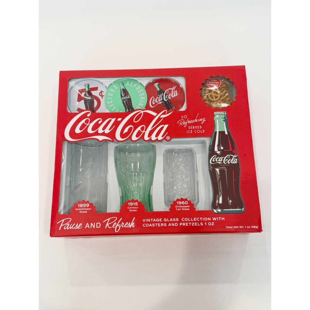 Vintage Coca Cola Collection Set Of Glasses (4) Coasters (3) NIB Original Box